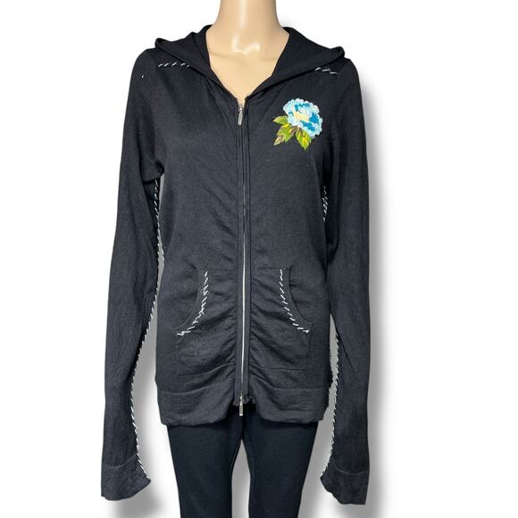 Charlotte Tarantola Womens Silk Angora Sweater Embroidered Hooded Black Medium - Picture 2 of 13